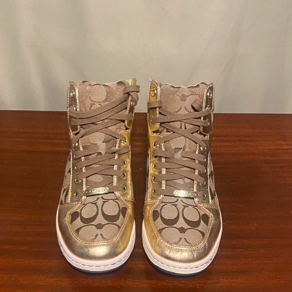 Coach Signature NORRA Khaki Metallic Gold Women’s Hi Top Sneakers size 8.5M - Picture 4 of 6
